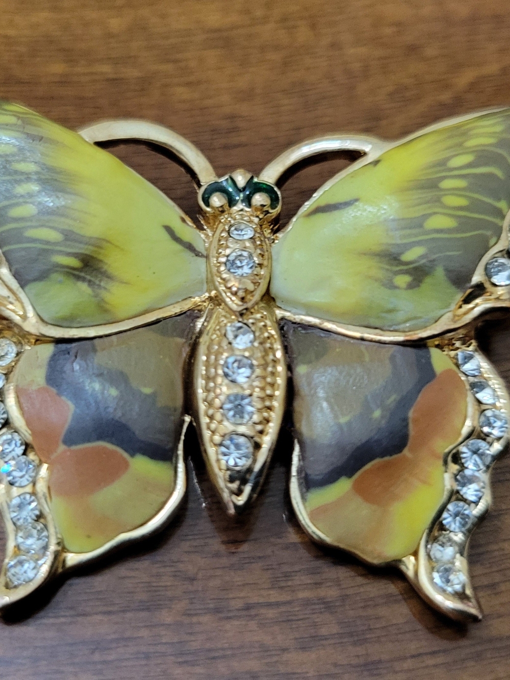 Vintage 80's Gold-Tone Yellow Butterfly Brooch with Crystal Accents